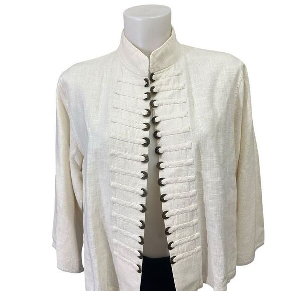 Peacock Ways Cream Black Trim Linen Mandarin Collar Open Blazer Coin sz L VTG - Picture 2 of 10